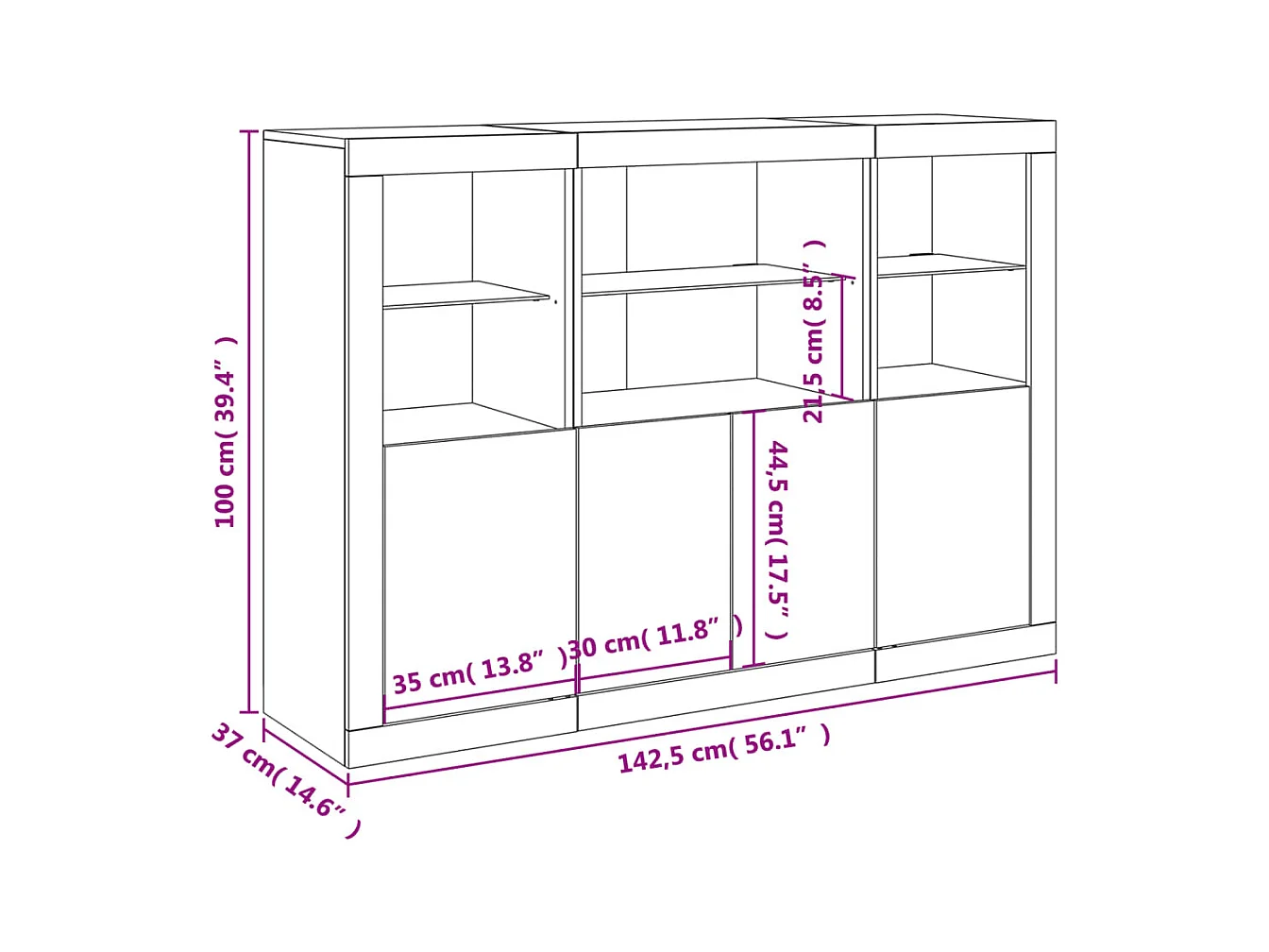 Dressoirs met LED-verlichting 3 st bewerkt hout zwart