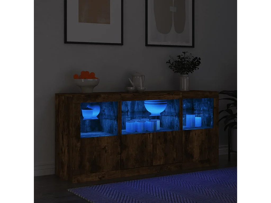 Buffet avec lumières LED chêne fumé 142,5x37x67 cm