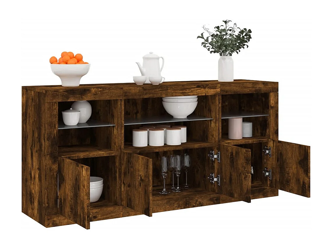 Buffet avec lumières LED chêne fumé 142,5x37x67 cm