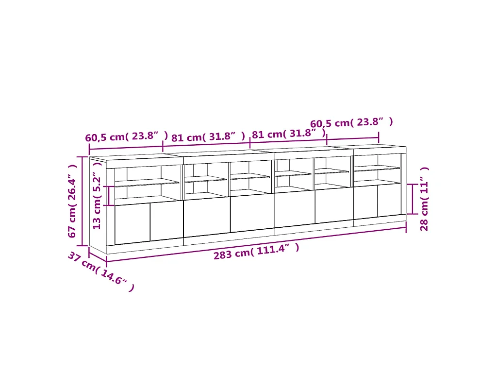 Sideboard mit LED-Leuchten Weiß 283x37x67 cm