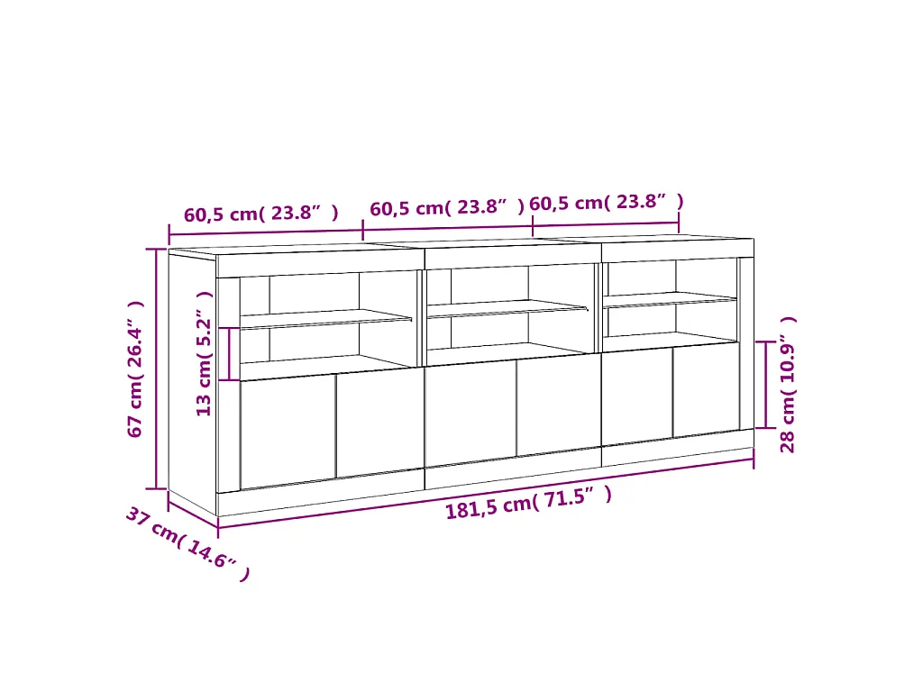 Dressoir met LED-verlichting 181,5x37x67 cm betongrijs