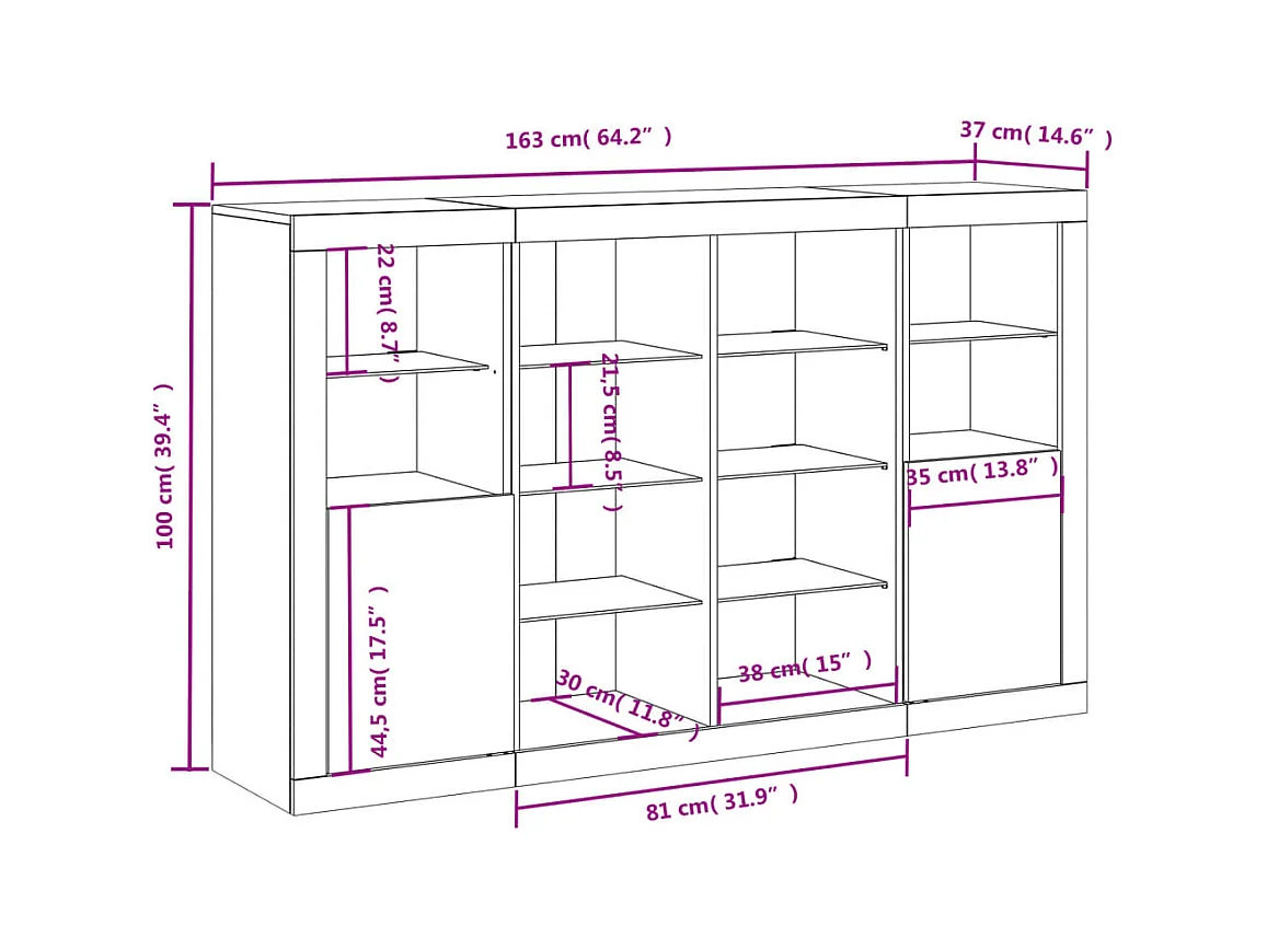 Dressoirs met LED-verlichting 3 st bewerkt hout grijs sonoma