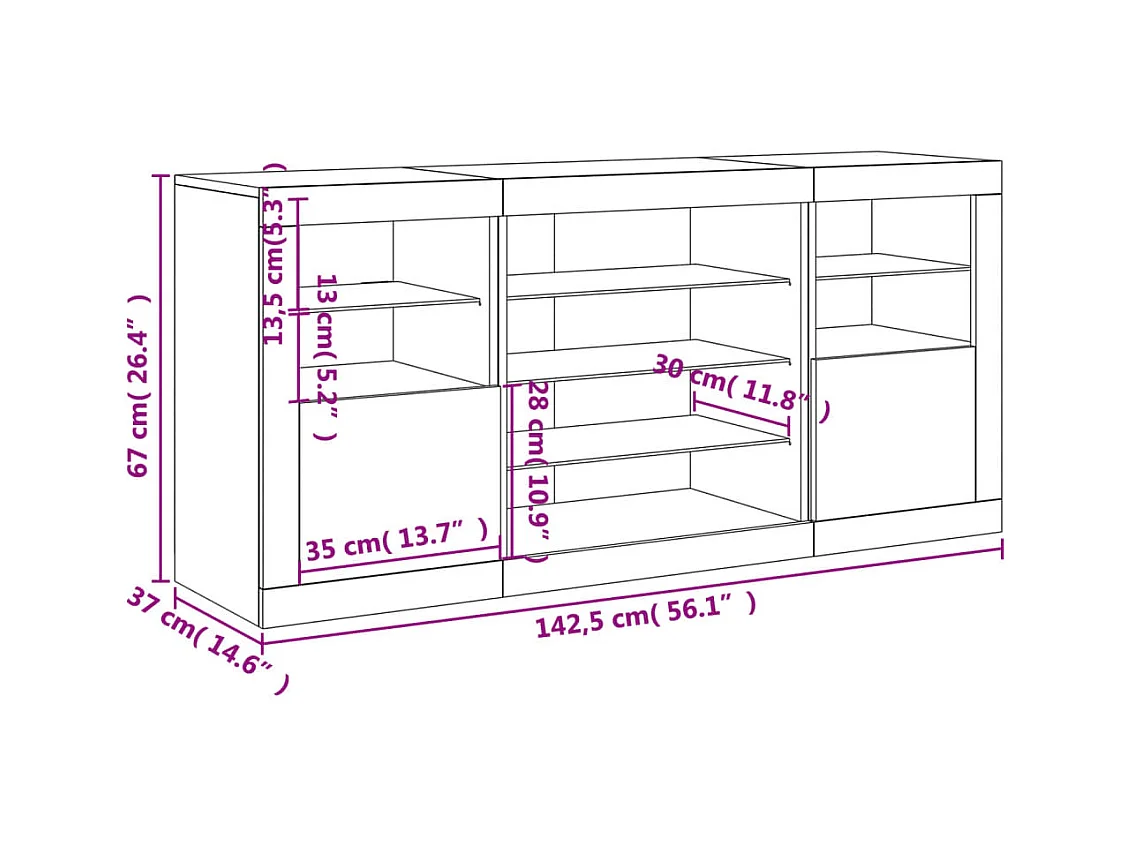 Aparador com luzes LED 142,5x37x67 cm branco