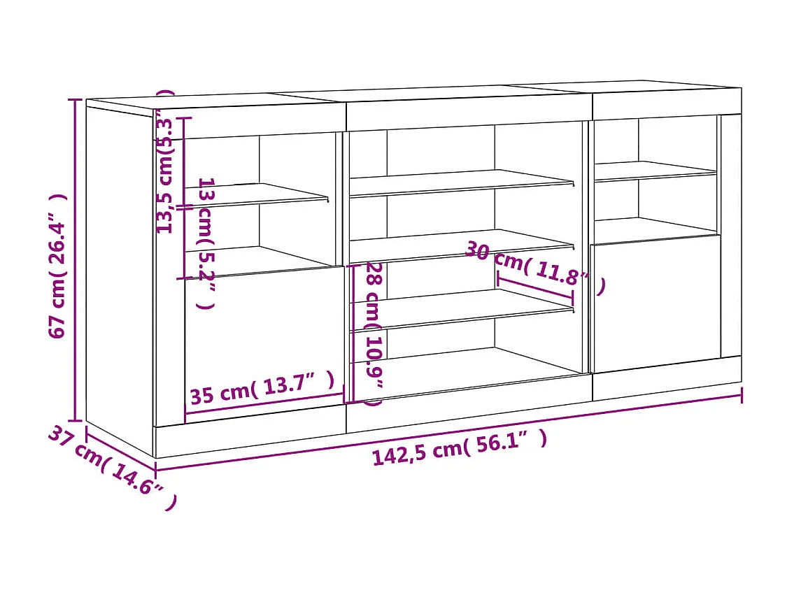 Dressoir met LED-verlichting 142,5x37x67 cm wit