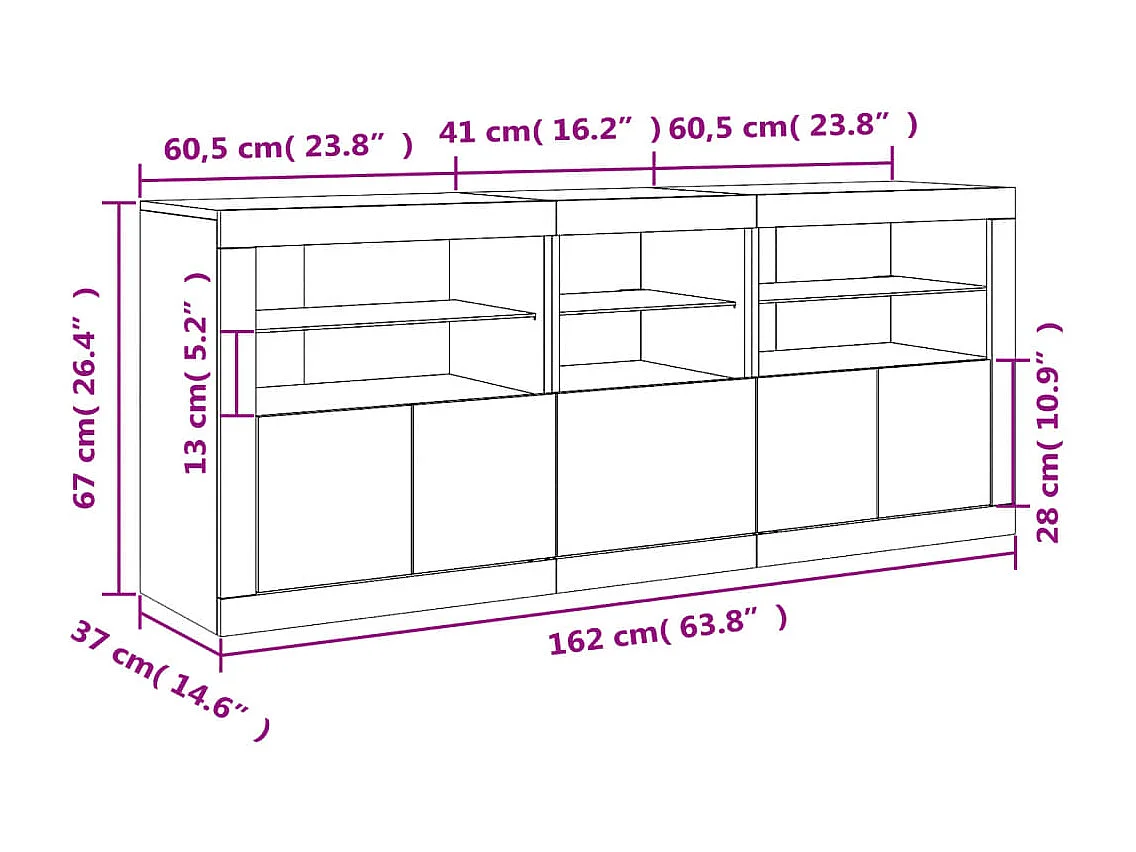 Dressoir met LED-verlichting 162x37x67 cm betongrijs
