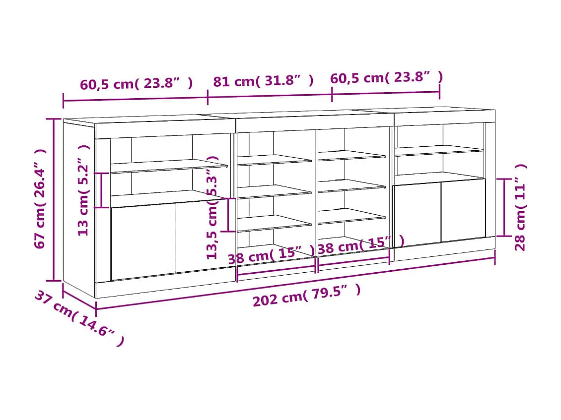 Aparador com luzes LED 202x37x67 cm carvalho castanho