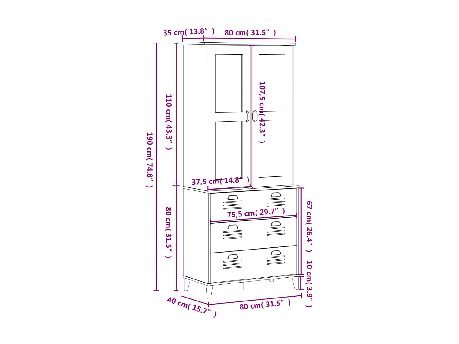 Buffet VIKEN blanc 80x40x190 cm bois massif de pin