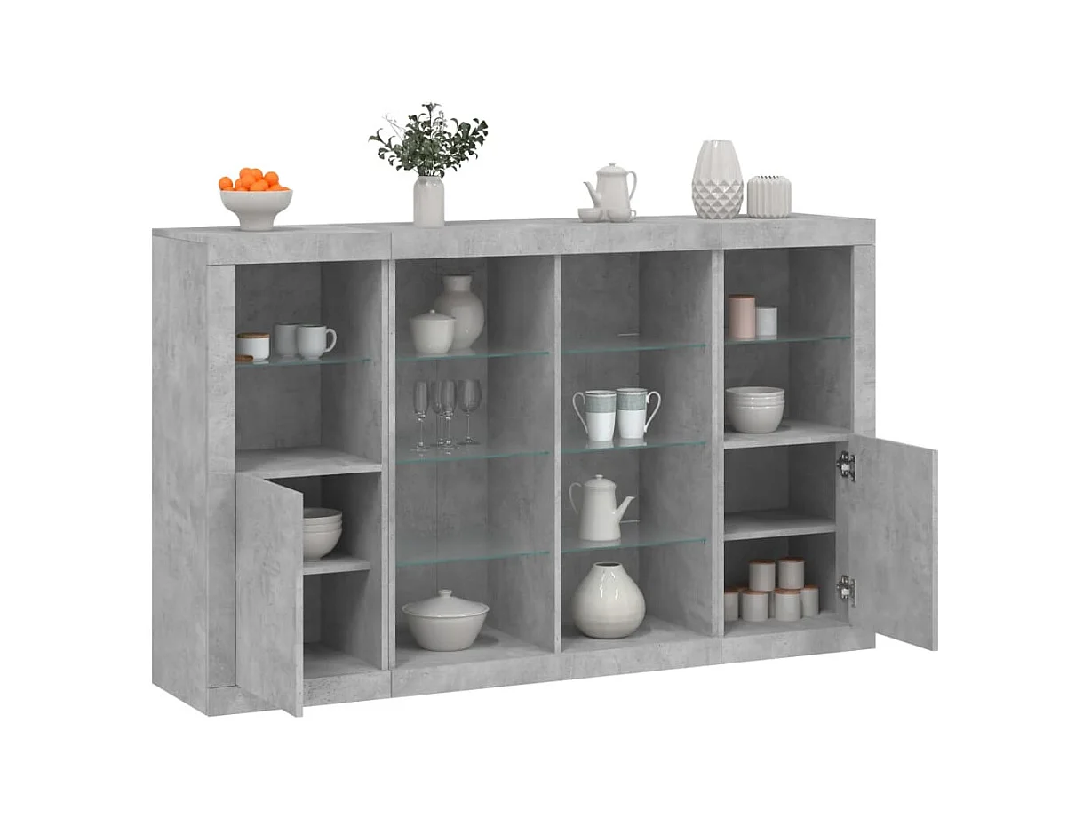 Buffets avec lumières LED 3 pcs gris béton bois d'ingénierie