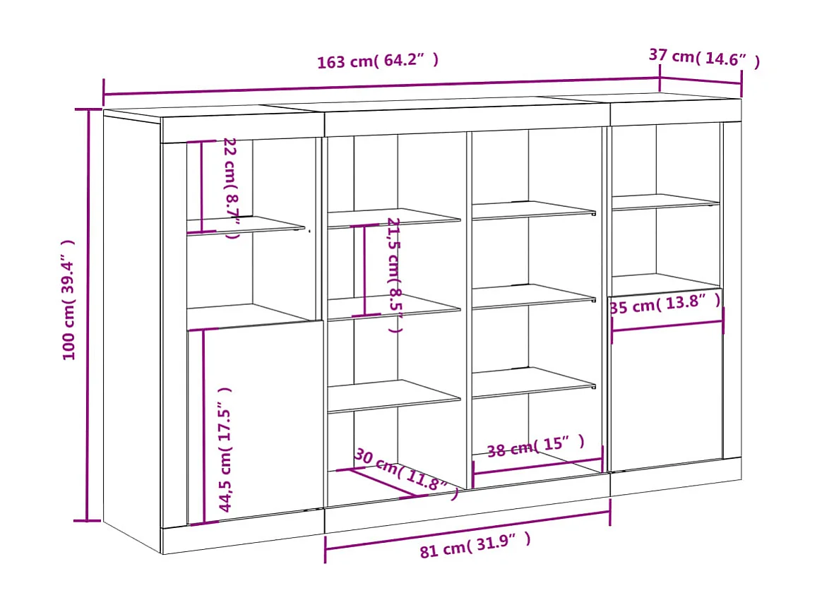 Buffets avec lumières LED 3 pcs gris béton bois d'ingénierie