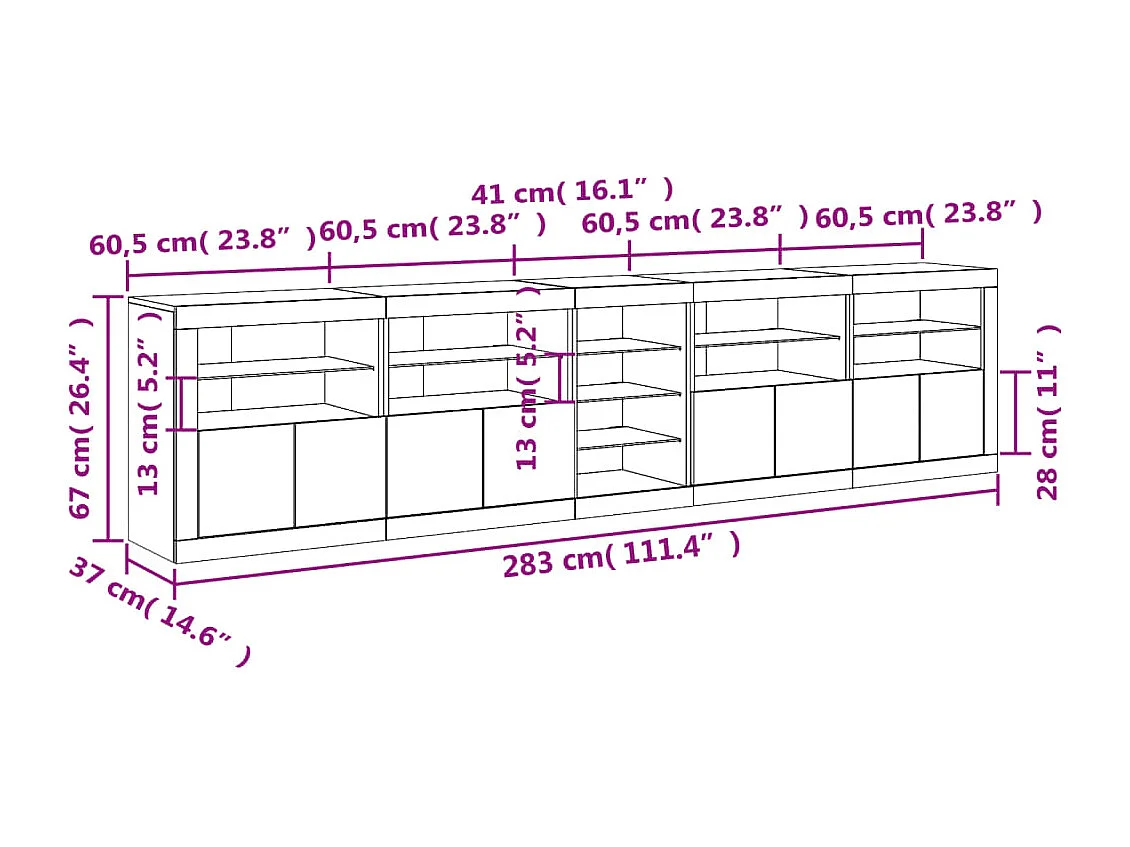 Buffet avec lumières LED chêne sonoma 283x37x67 cm