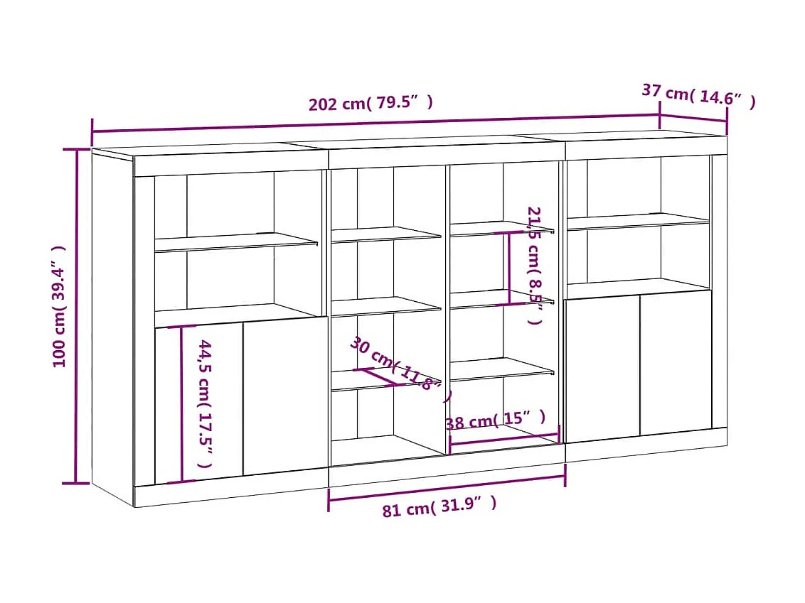 Aparador com luzes LED 202x37x100 cm carvalho castanho