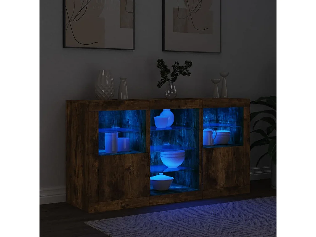 Buffet avec lumières LED chêne fumé 123x37x67 cm