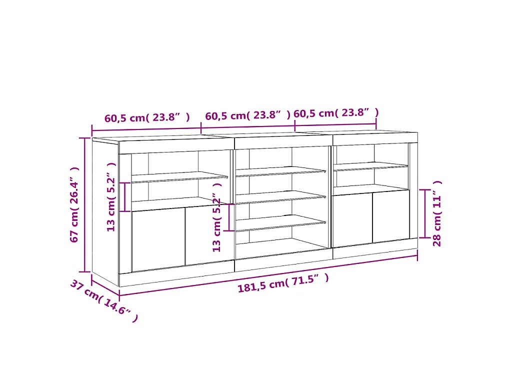 Buffet avec lumières LED gris béton 181,5x37x67 cm