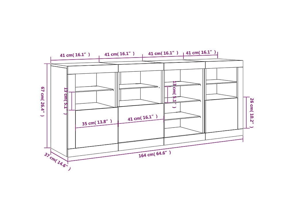 Dressoir met LED-verlichting 164x37x67 cm wit
