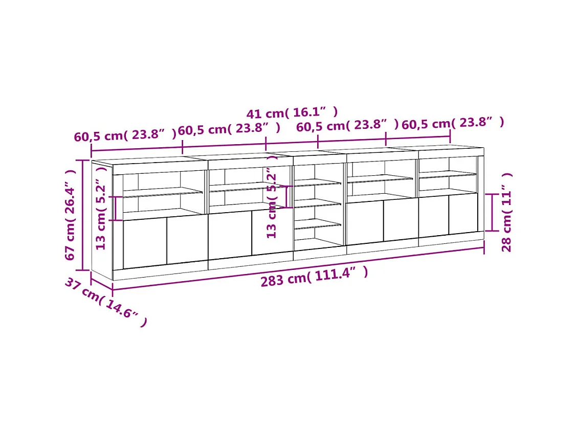 Aparador com luzes LED 283x37x67 cm cinzento cimento