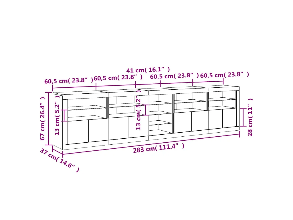 Aparador com luzes LED 283x37x67 cm branco