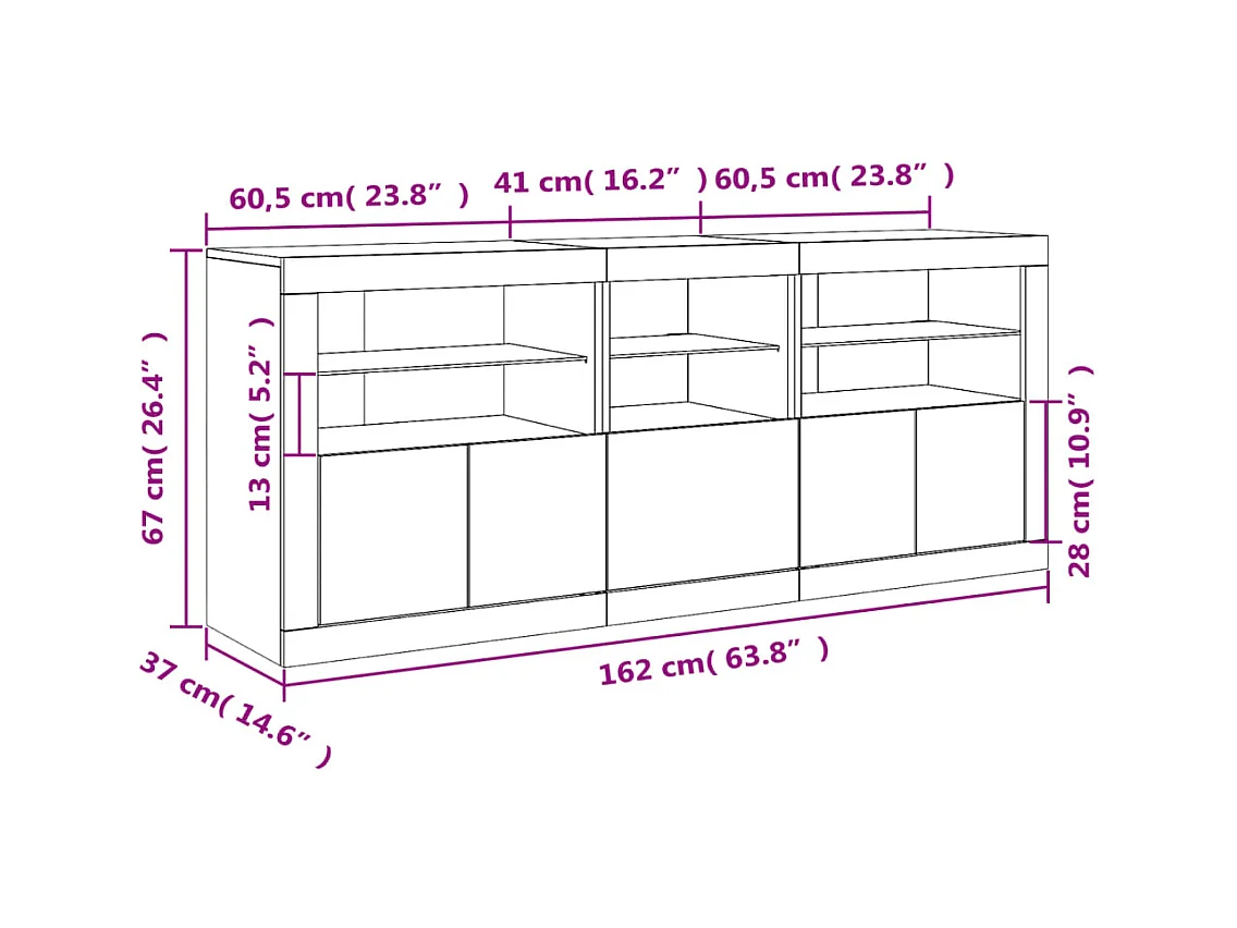 Aparador com luzes LED 162x37x67 cm preto