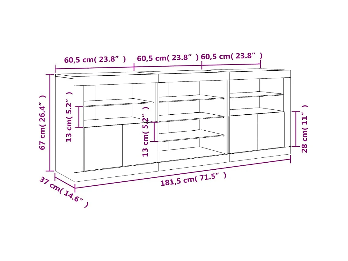 Aparador com luzes LED 181,5x37x67 cm branco
