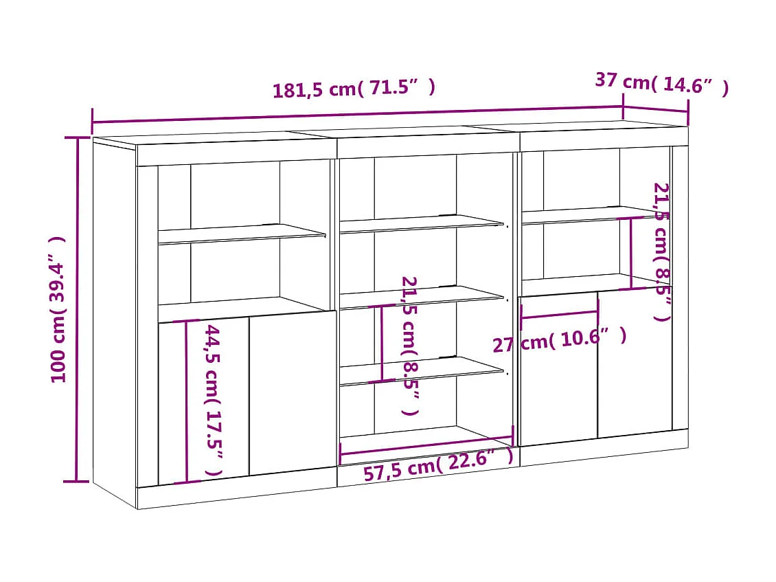 Credenza con Luci LED Nera 181,5x37x100 cm
