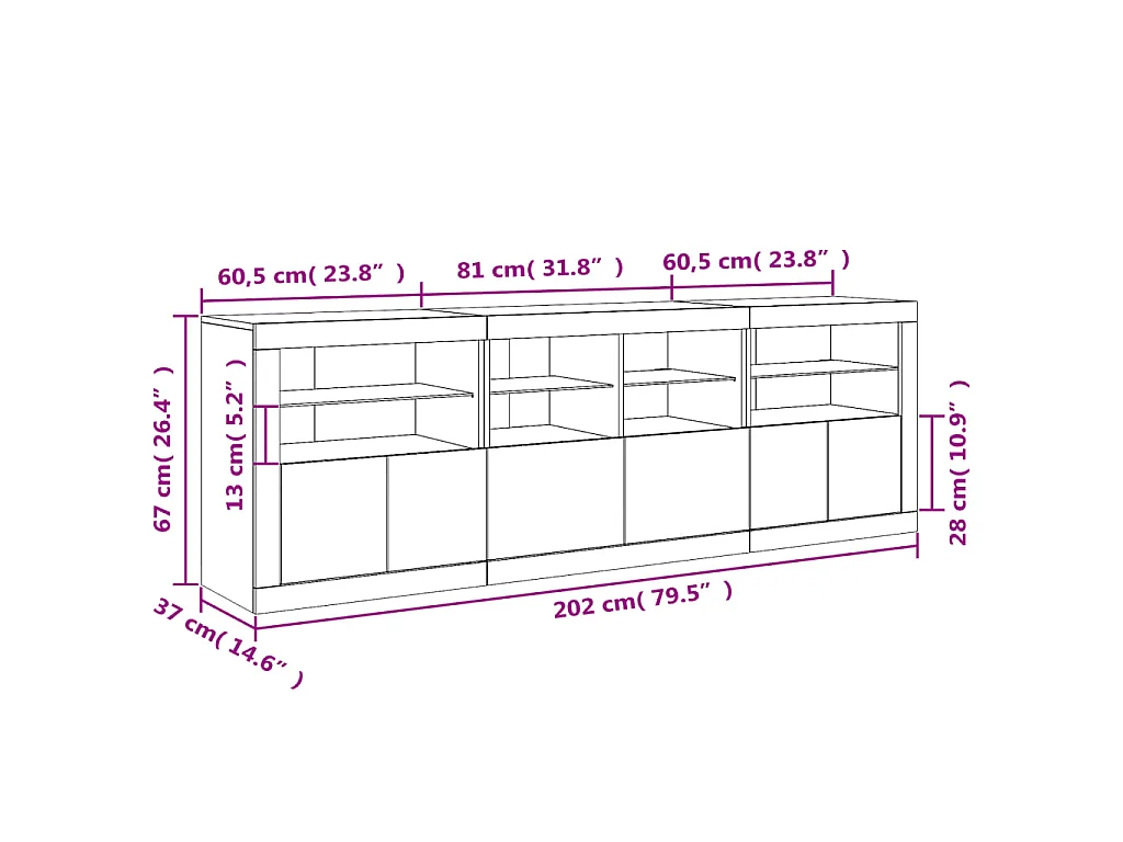 Buffet avec lumières LED chêne sonoma 202x37x67 cm