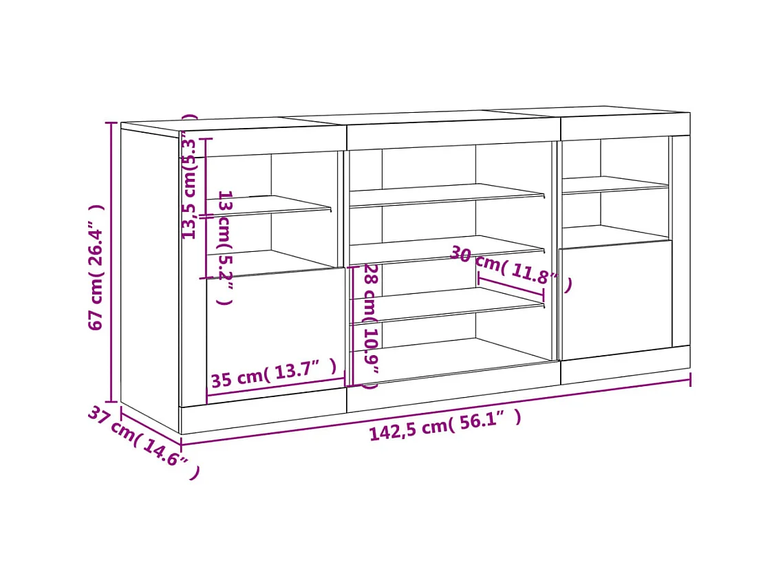 Buffet avec lumières LED noir 142,5x37x67 cm