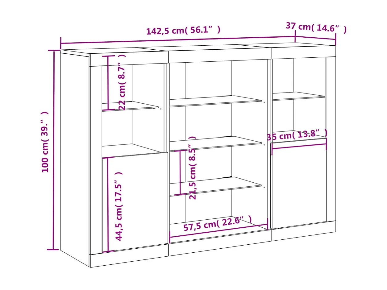 Buffets avec lumières LED 3 pcs noir bois d'ingénierie