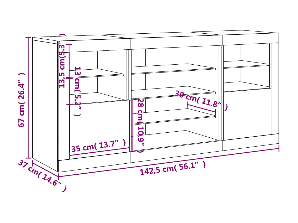 Buffet avec lumières LED chêne fumé 142,5x37x67 cm