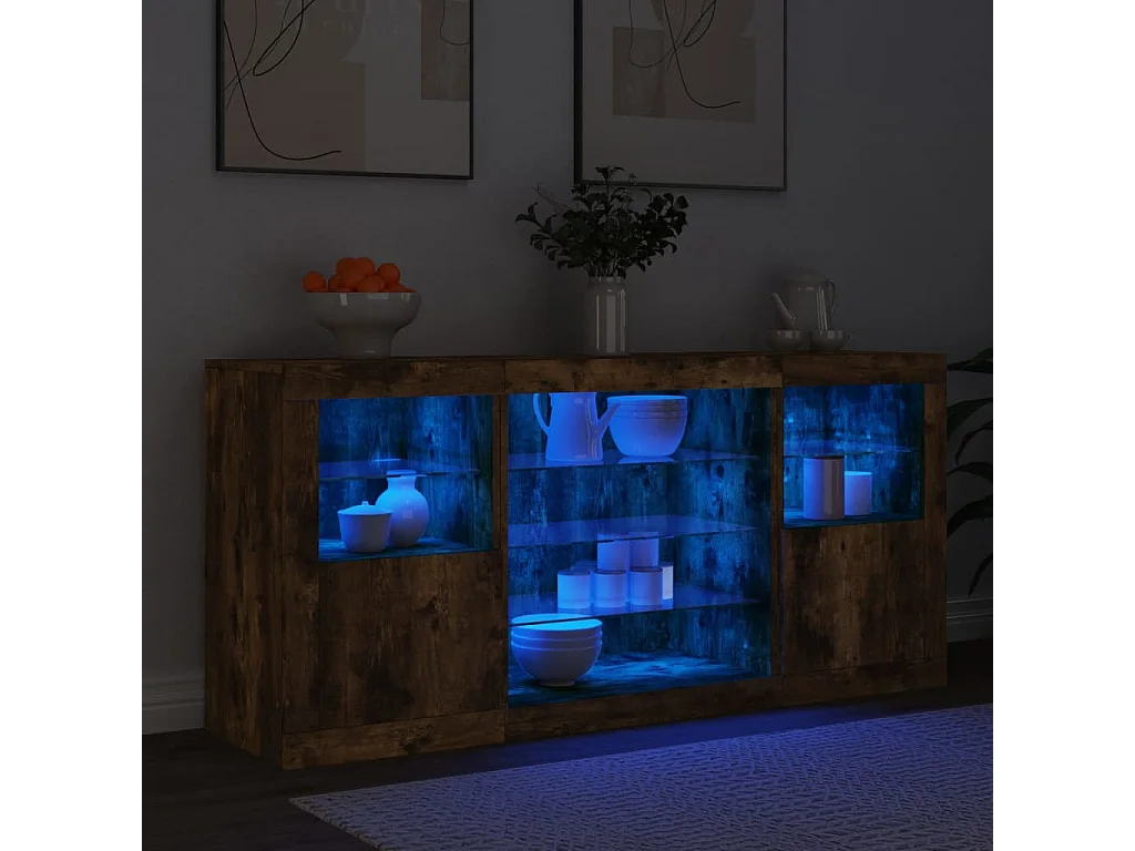 Buffet avec lumières LED chêne fumé 142,5x37x67 cm