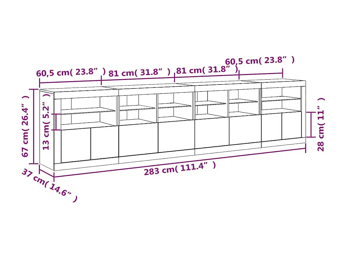 Buffet avec lumières LED chêne sonoma 283x37x67 cm