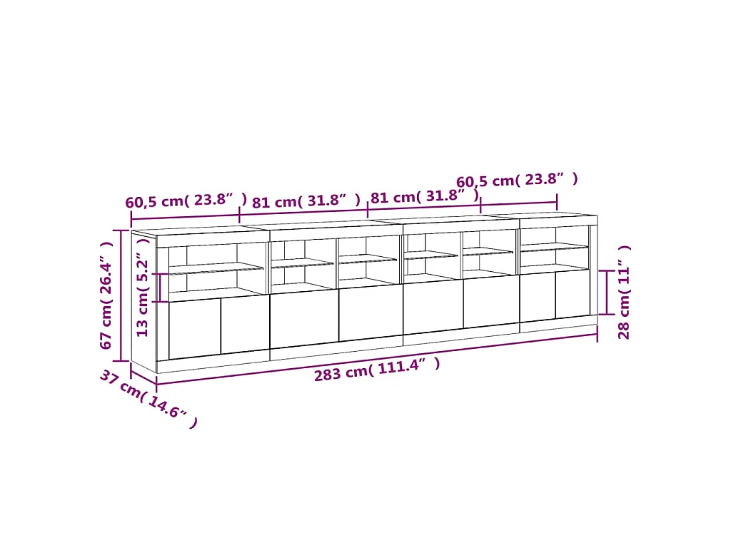 Dressoir met LED-verlichting 283x37x67 cm sonoma eikenkleurig