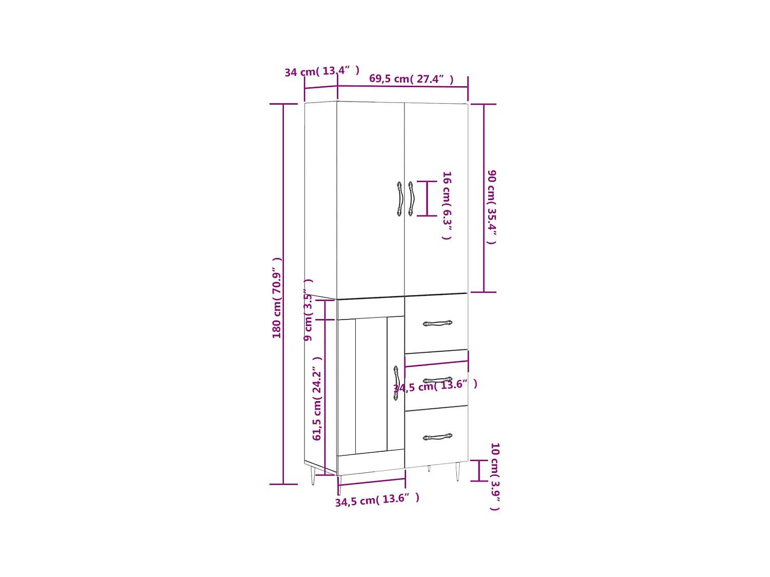 Buffet haut Gris béton 69,5x34x180 cm Bois d'ingénierie