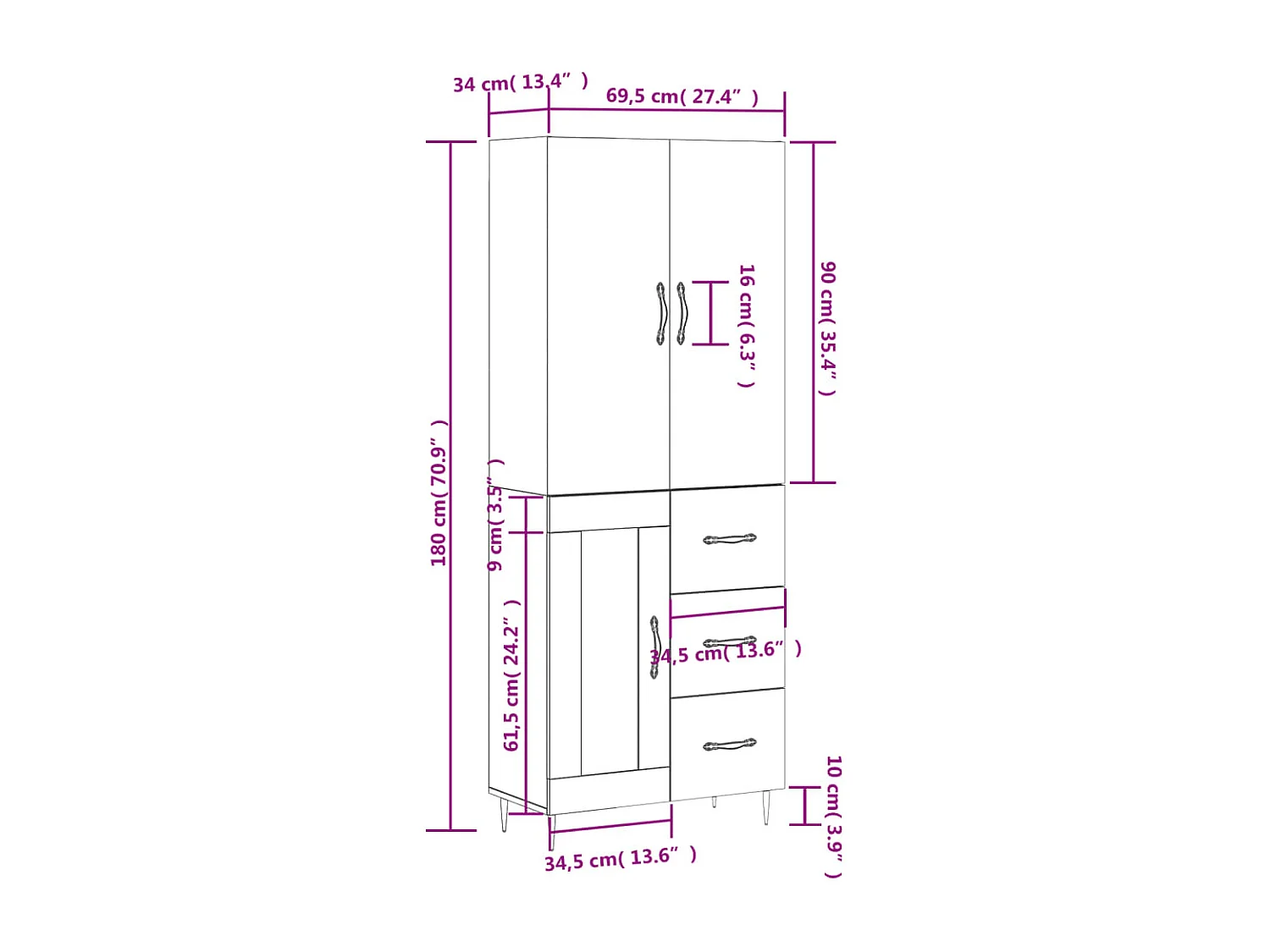 Highboard Betongrau 69,5x34x180 cm Holzwerkstoff