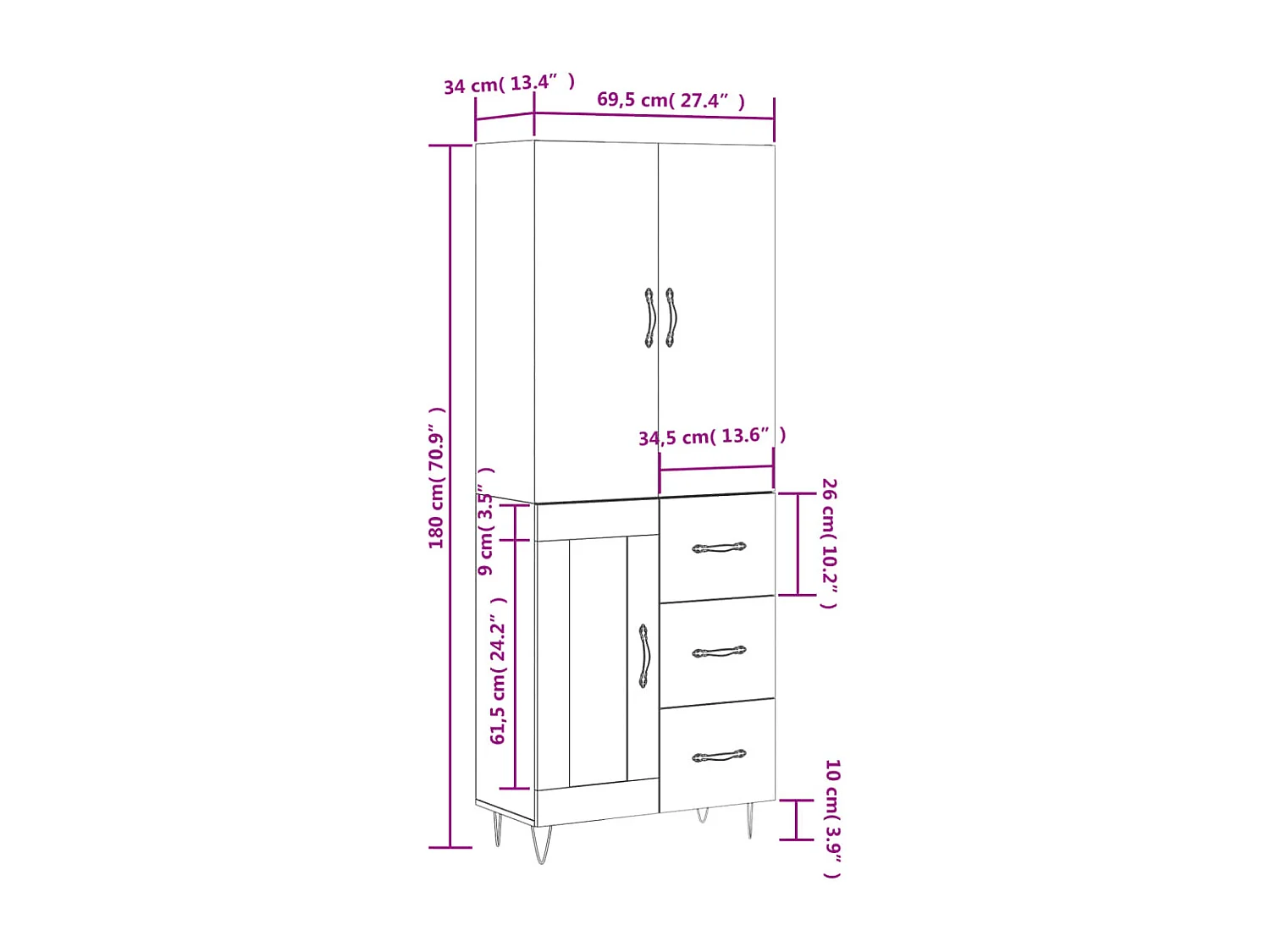 Highboard Grau Sonoma 69,5x34x180 cm Holzwerkstoff