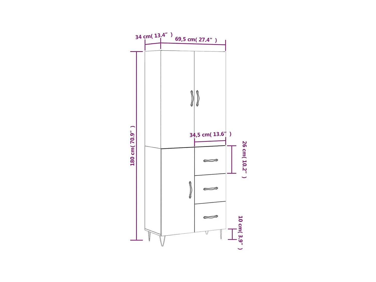 Buffet haut Blanc 69,5x34x180 cm Bois d'ingénierie