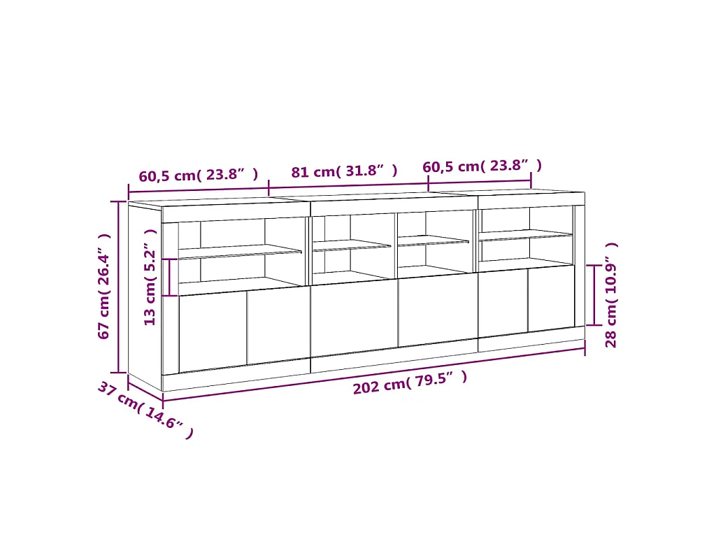 Buffet avec lumières LED blanc 202x37x67 cm