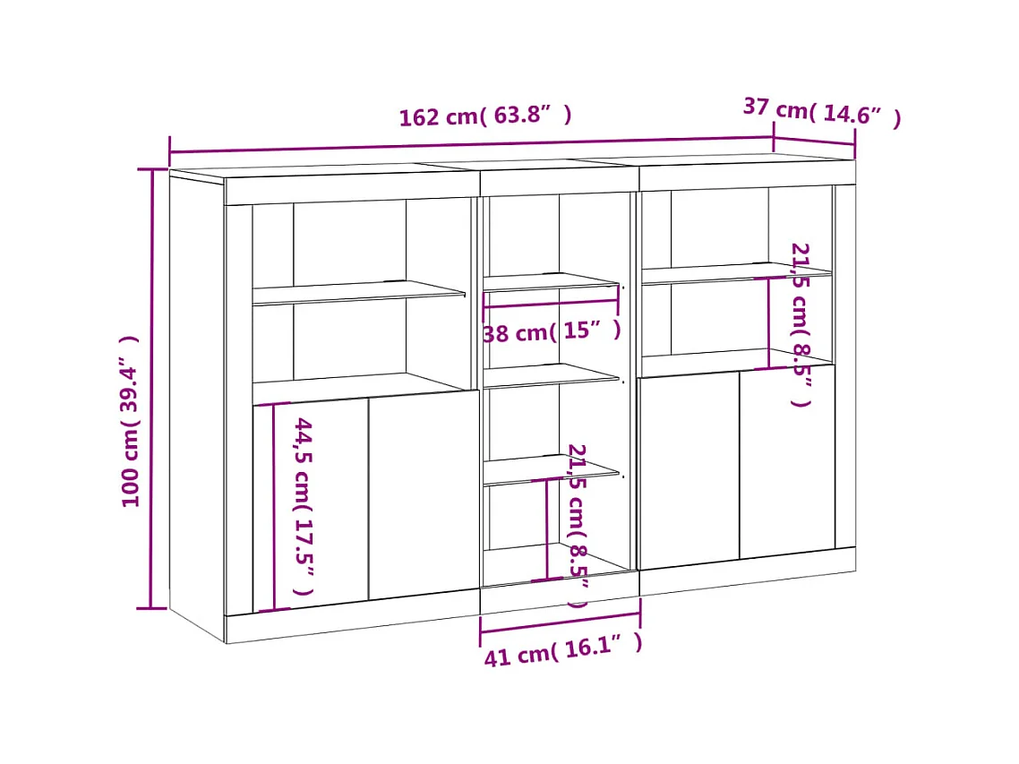 Dressoir met LED-verlichting 162x37x100 cm grijs sonoma eiken