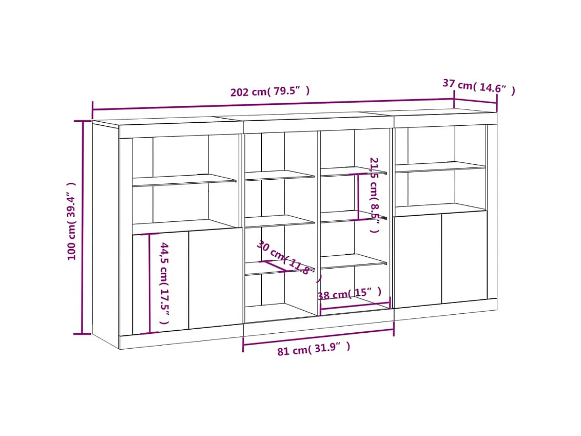 Sideboard mit LED-Leuchten Betongrau 202x37x100 cm