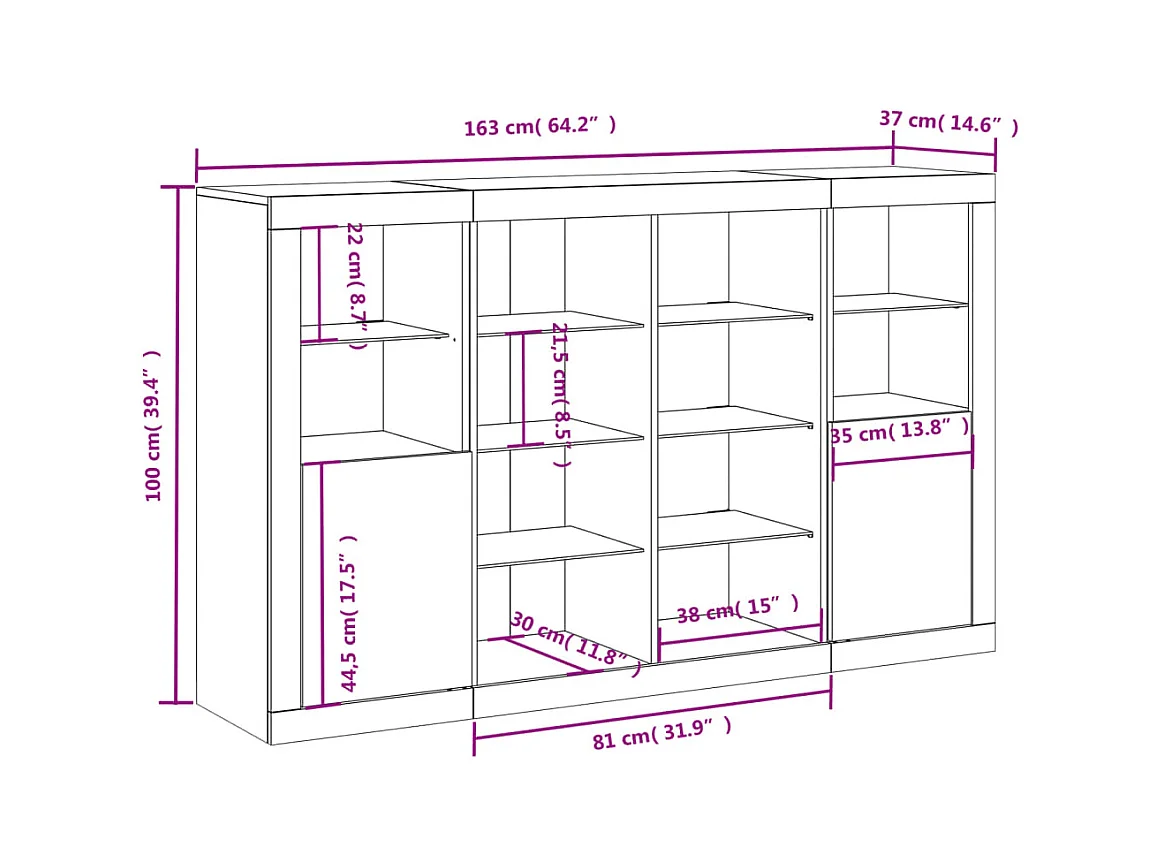 Aparador con luz LED 3 pzas madera de ingeniería roble ahumado