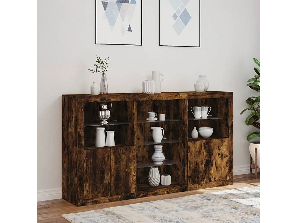 Buffet avec lumières LED chêne fumé 181,5x37x100 cm