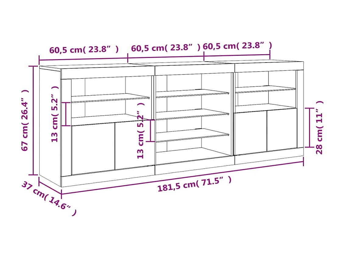 Aparador com luzes LED 181,5x37x67 cm preto