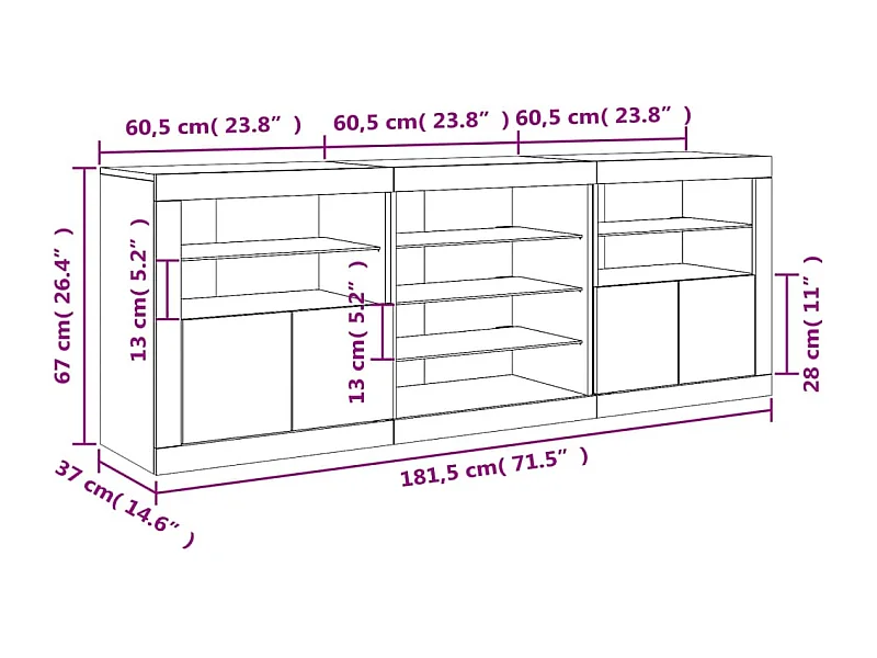 Aparador com luzes LED 181,5x37x67 cm preto