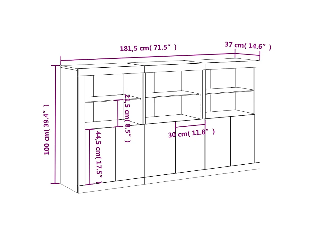 Dressoir met LED-verlichting 181,5x37x100 cm betongrijs