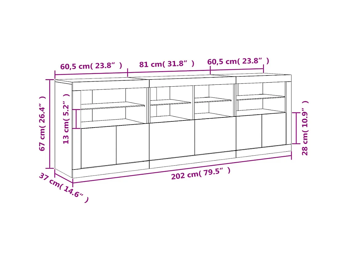 Buffet avec lumières LED gris béton 202x37x67 cm