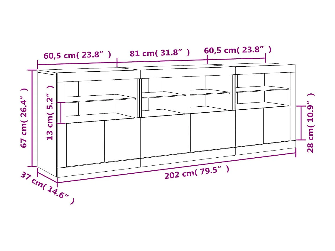 Credenza con Luci LED Grigio Cemento 202x37x67 cm