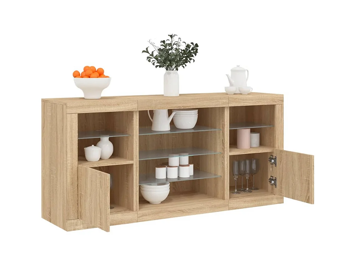 Aparador con luces LED roble Sonoma 142,5x37x67 cm