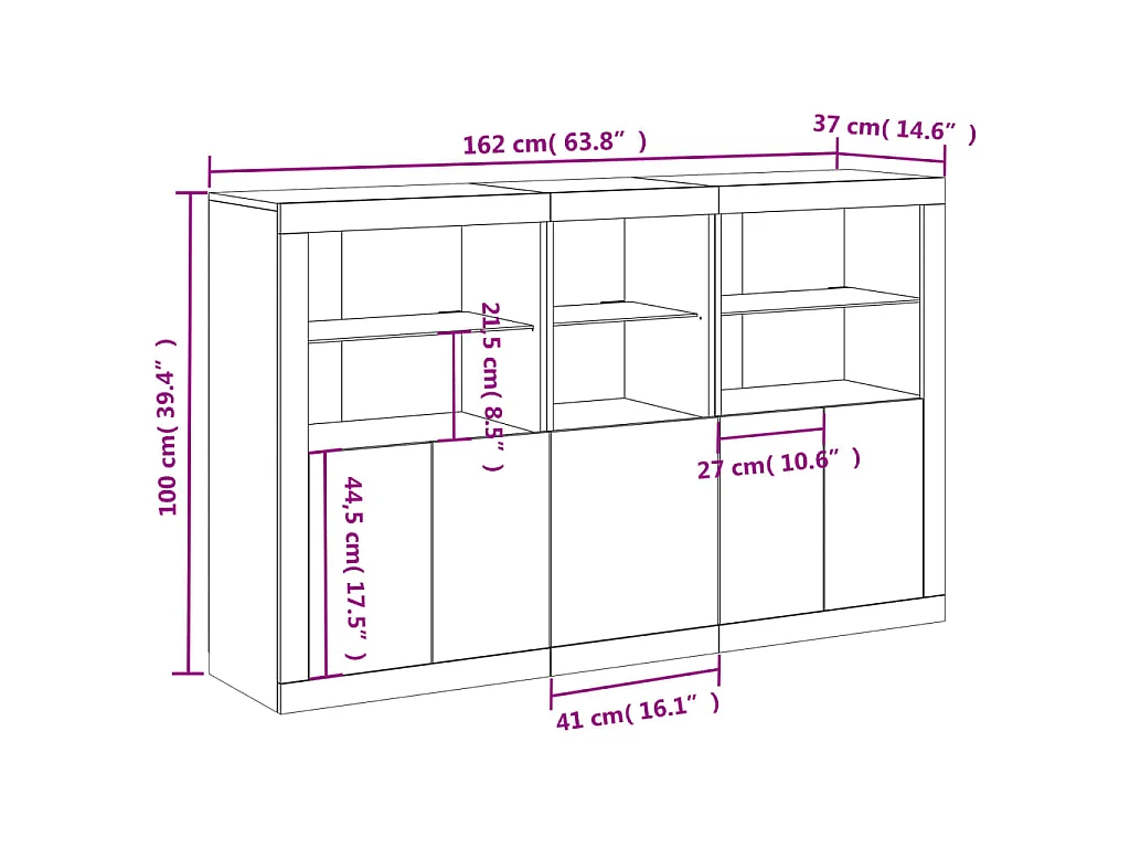 Aparador com luzes LED 162x37x100 cm branco