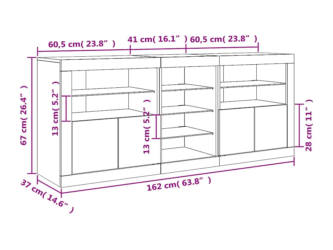 Dressoir met LED-verlichting 162x37x67 cm betongrijs