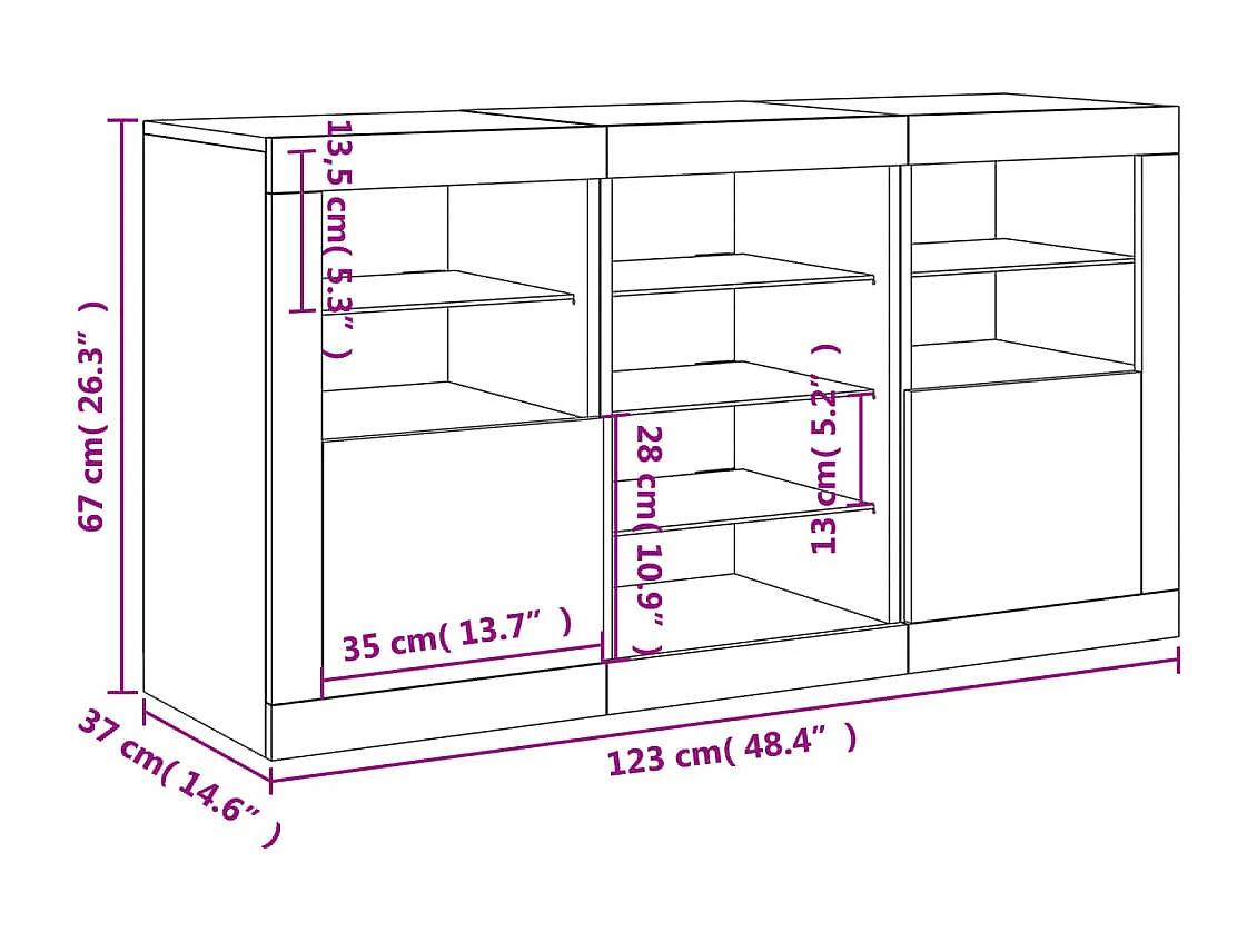 Dressoir met LED-verlichting 123x37x67 cm grijs sonoma eiken