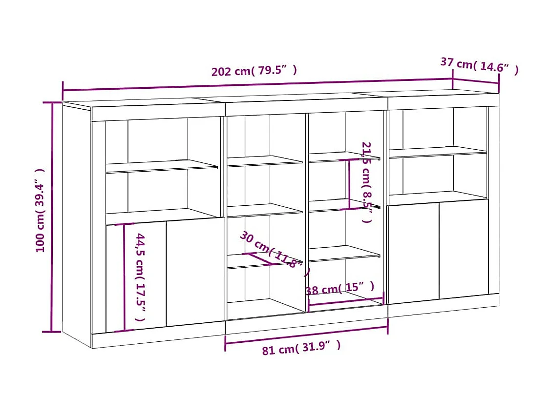 Nowoczesny biały bufet 202x37x100 cm z podświetleniem LED RGB, duża pojemność, drzwi i regulowane oświetlenie
