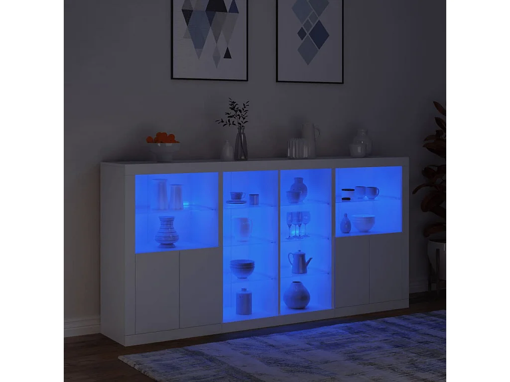 Nowoczesny biały bufet 202x37x100 cm z podświetleniem LED RGB, duża pojemność, drzwi i regulowane oświetlenie